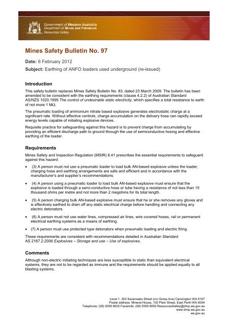 Earthing of ANFO loaders used underground (re-issued)