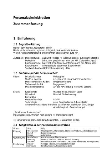 Personaladministration Zusammenfassung 1 Einführung