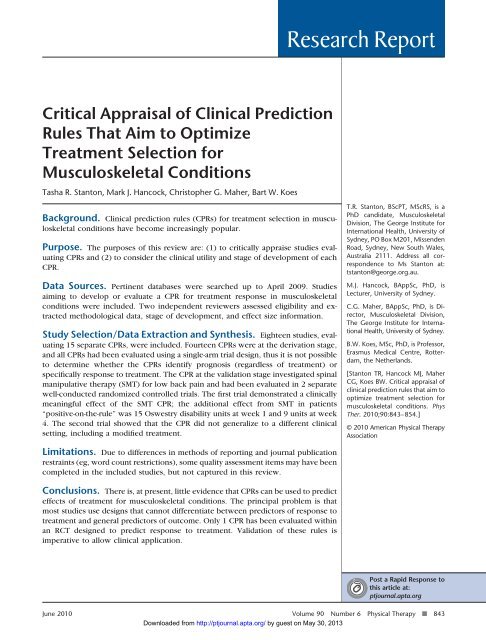 Critical Appraisal of Clinical Prediction Rules That Aim to Optimize ...