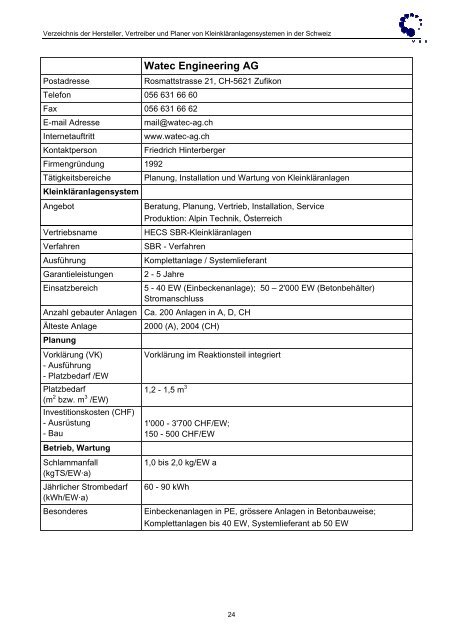 Verzeichnis der Hersteller, Vertreiber und Planer und ihrer ... - VSA