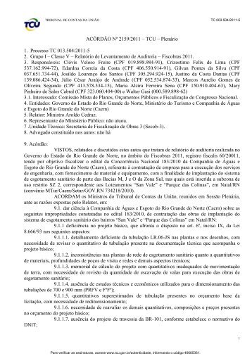 ACÓRDÃO Nº 2159/2011 – TCU – Plenário 1. Processo TC 013.504 ...