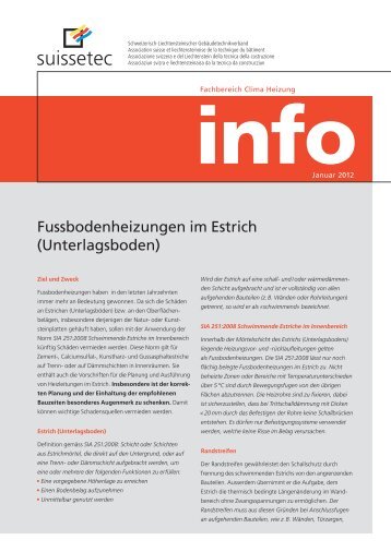 Fussbodenheizungen im Estrich (Unterlagsboden) - Suissetec