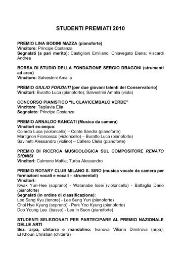 Vincitori per sito 2010 - Conservatorio di Musica di Milano