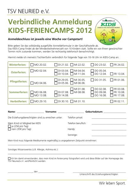 Verbindliche Anmeldung KIDS-FERIENCAMPS 2012 - TSV Neuried