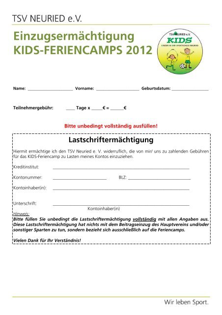 Verbindliche Anmeldung KIDS-FERIENCAMPS 2012 - TSV Neuried