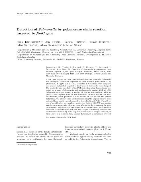 Detection of Salmonella by polymerase chain reaction - Biologia ...