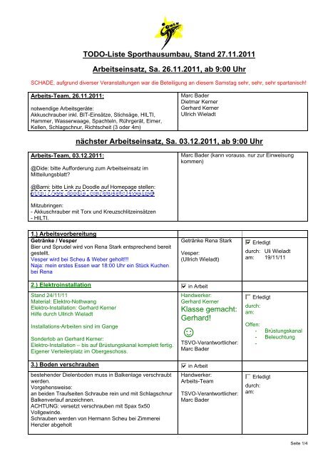 TODO-Liste Sporthausumbau, Stand 27.11.2011 Arbeitseinsatz, Sa ...