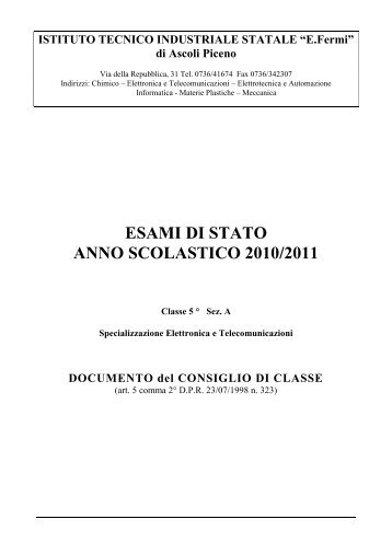ESAMI DI STATO ANNO SCOLASTICO 2010/2011