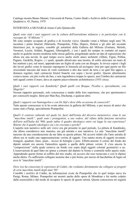 A C Quintavalle Intervista A Bruno Munari Catalogo Della Munart