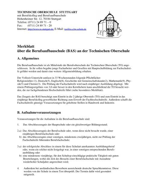 Merkblatt über die Berufsaufbauschule - Technische Oberschule ...