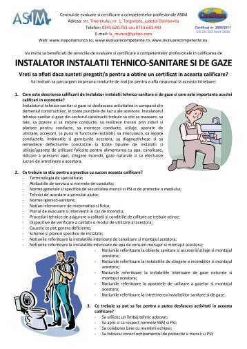 INSTALATOR INSTALATII TEHNICO-SANITARE SI DE GAZE