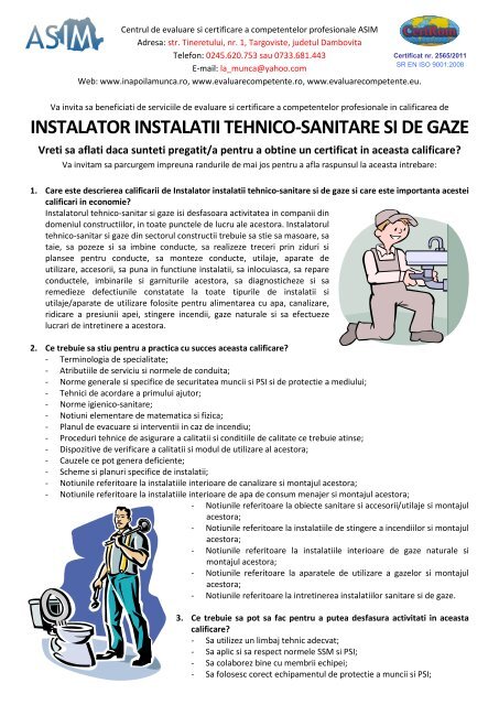 INSTALATOR INSTALATII TEHNICO-SANITARE SI DE GAZE