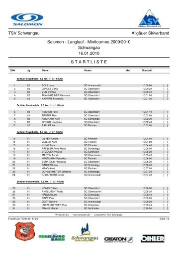 Startliste Mini-Tournee Schwangau 2010 - TSV Schwangau