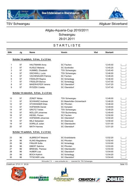 Startliste Aquaria-Cup Schwangau 2011 - TSV Schwangau