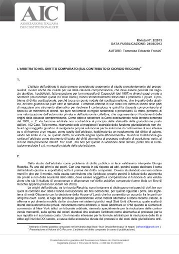 24/05/2013 AUTORE: Tommaso Edoardo Frosini* L'ARBITRATO ...