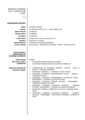 Curriculum vitae Segretario Comunale - Comune di Villanova Mondovì