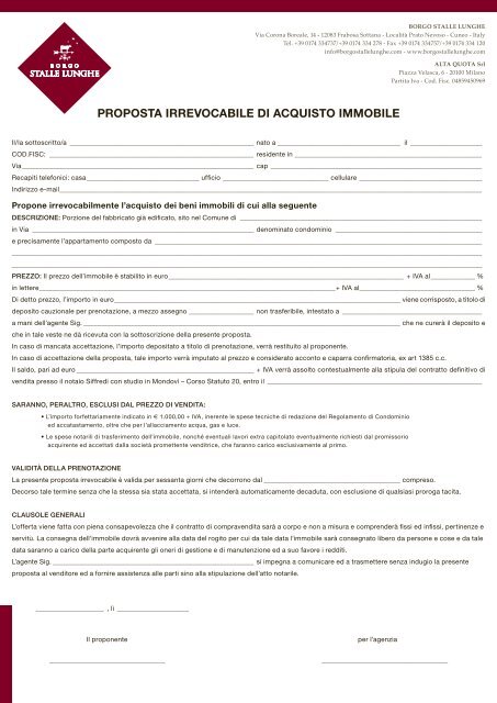 Proposta Irrevocabile Di Acquisto Immobile Borgo Stalle Lunghe
