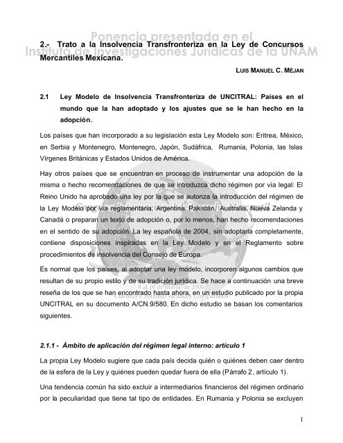 Trato a la Insolvencia Transfronteriza en la Ley de Concursos ...