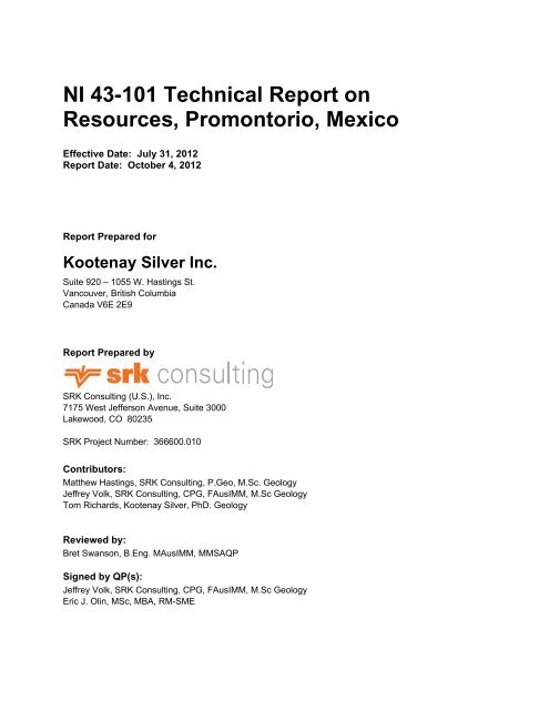 Promontorio NI-43-101 Resource Calculation - Kootenay Silver Inc.