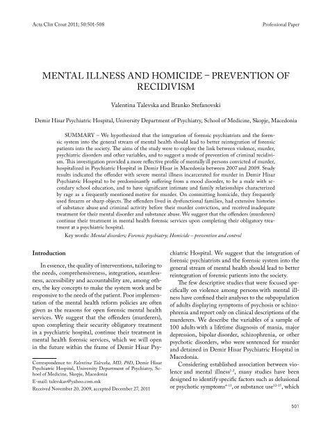 MENTAL ILLNESS AND HOMICIDE – PREVENTION OF RECIDIVISM