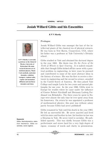 Josiah Willard Gibbs and his Ensembles - Indian Academy of Sciences