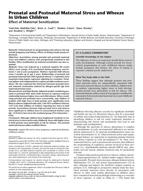Prenatal and Postnatal Maternal Stress and Wheeze in Urban ...