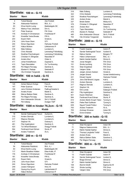 Startliste: - UM 2008