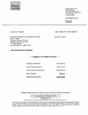 Hogan Lovells Invoice through 08-31-2010 - University of Virginia