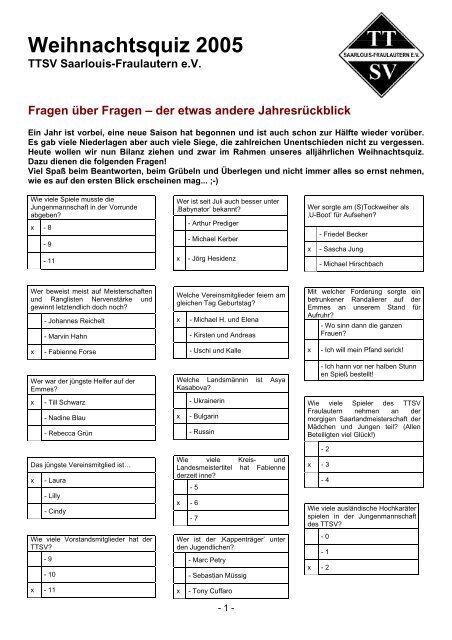 Lösung Weihnachtsquiz 2005 TTSV SaarlouisFraulautern