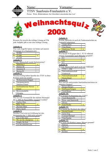 Lösung Weihnachtsquiz 2003 - TTSV Saarlouis-Fraulautern