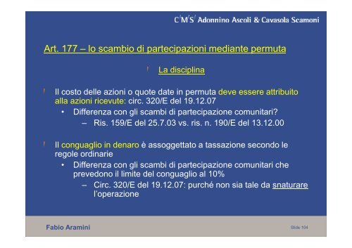 Il conferimento, la cessione d'azienda, il conferimento e lo scambio ...