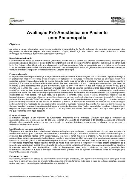 Avaliação Pré-Anestésica em Paciente com Pneumopatia