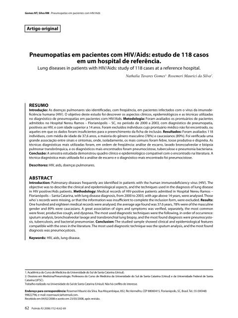 Pneumopatias em pacientes com HIV/Aids: estudo de 118 ... - Sopterj