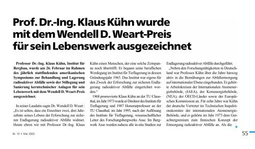 Prof. Dr.-Ing. Klaus Kühn wurde mit dem Wendell D ... - TU Clausthal