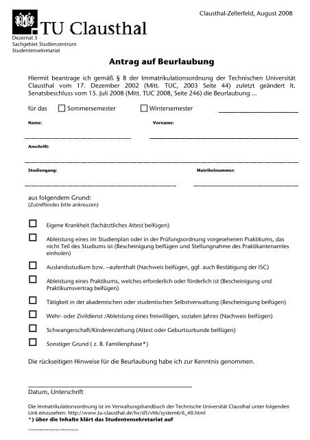 Antrag auf Beurlaubung - TU Clausthal