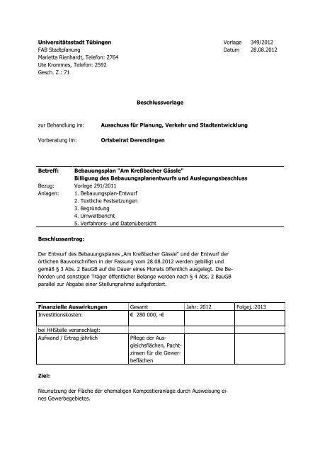 Gemeinderatsvorlage 349 2012 In Tubingen