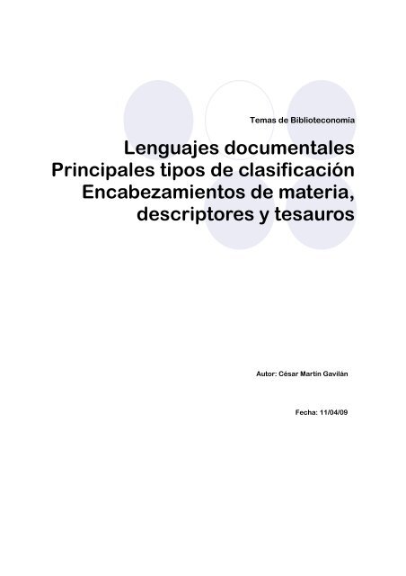 Lenguajes documentales Principales tipos de clasificación ... - e-LIS