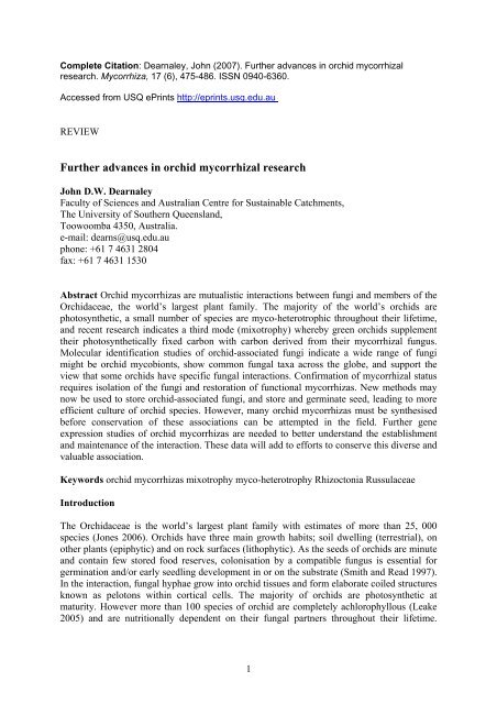 Further advances in orchid mycorrhizal research - USQ ePrints ...