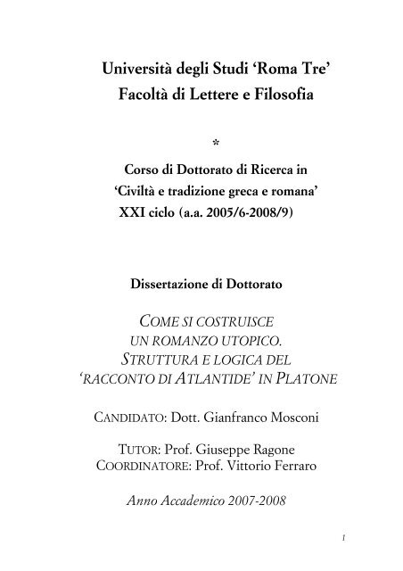 Università degli Studi 'Roma Tre' Facoltà di Lettere e Filosofia *