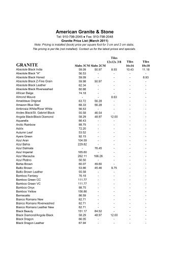 Granite price list - American Granite & Stone