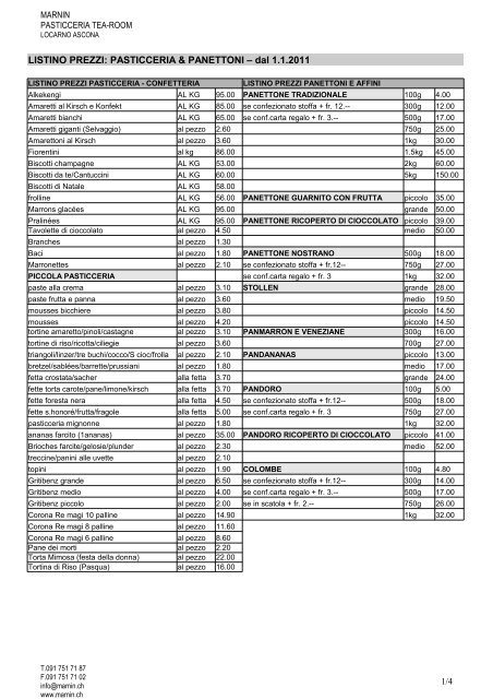 LISTINO PREZZI: PASTICCERIA &amp; PANETTONI – dal 1.1.2011