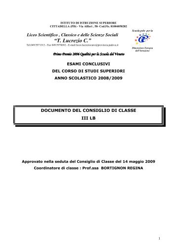 Documento 15 maggio 3^LB 2009 definitivo - Liceo "Tito Lucrezio ...