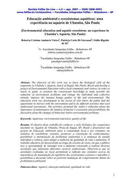 Educação ambiental e ecossistemas aquáticos: uma ... - UNIFAFIBE