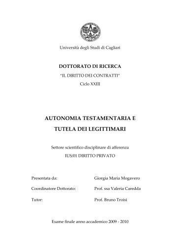 autonomia testamentaria e tutela dei legittimari - UniCA Eprints ...