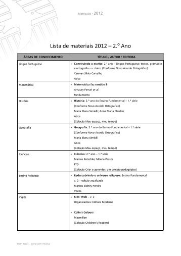 Lista de materiais 2012 – 2.º Ano - Bom Jesus