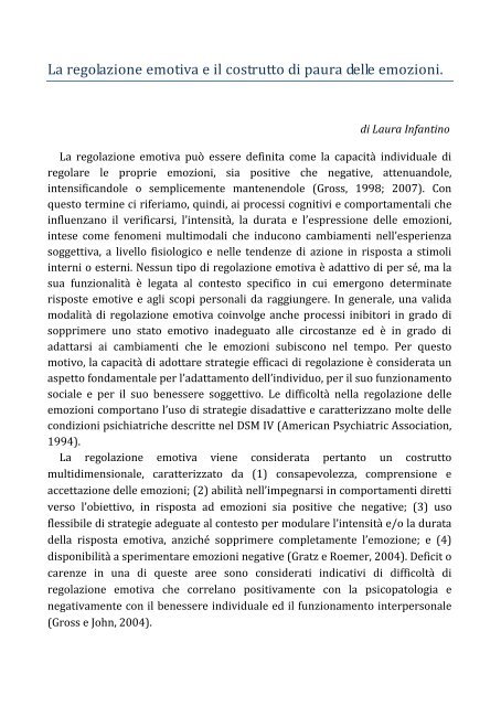 La regolazione emotiva e il costrutto di paura delle emozioni.