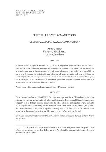 Eusebio Lillo y el romanticismo. - Anales de Literatura Chilena
