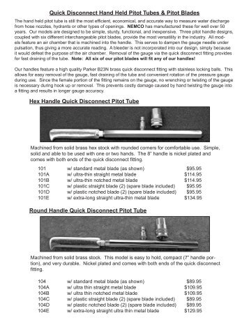 Pitot Tubes & Pitot Blades - NEMCO - Water Flow Testing Equipment