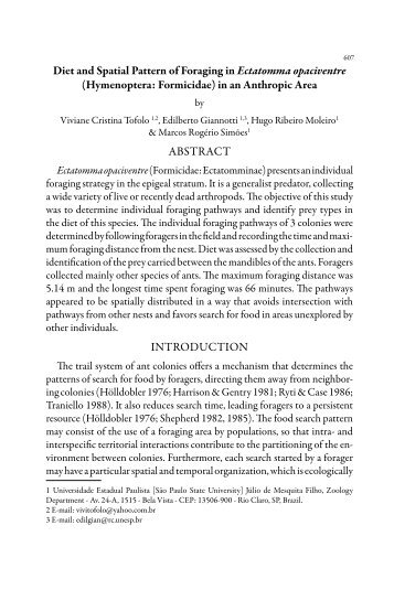 Diet and Spatial Pattern of Foraging in Ectatomma opaciventre ...