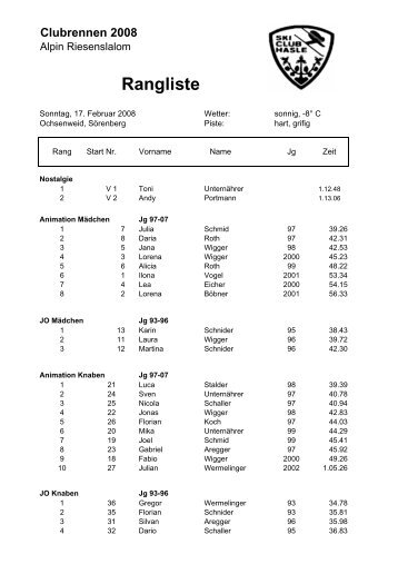 Clubrennen 2008 Alpin - Skiclub Hasle